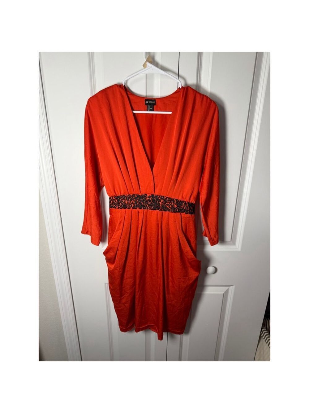 H&M Long Sleeve Dress Size 8 Orange with Black Embroidery